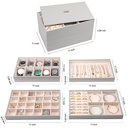 Voova Stackable Jewelry Organizer Tray with Lid (Set of 4, Gray) | Stackable PU leather jewelry trays with drawer inserts for earrings, rings, necklaces, bracelets and watches; set of 4 - color: Grey