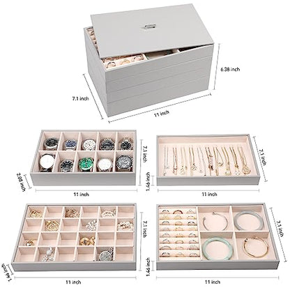 Voova Stackable Jewelry Organizer Tray with Lid (Set of 4, Gray) | Stackable PU leather jewelry trays with drawer inserts for earrings, rings, necklaces, bracelets and watches; set of 4 - color: Grey