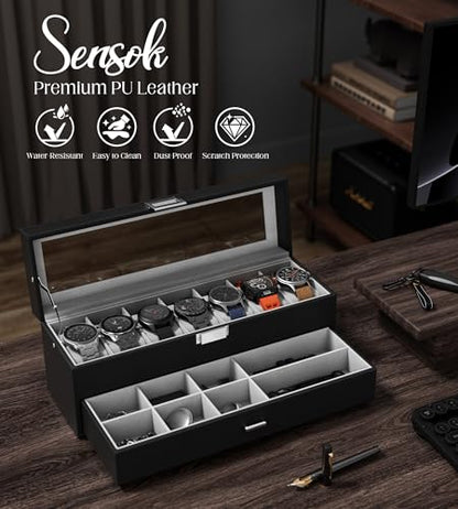 Watch Case Box for Men - 7 SLots Watches Storage Organizer Real-Glass Display Case with Jewelry Drawer 2-Layer PU Leather Collection Holder Gift for Loved Ones Black - size: 7 Slots, Black