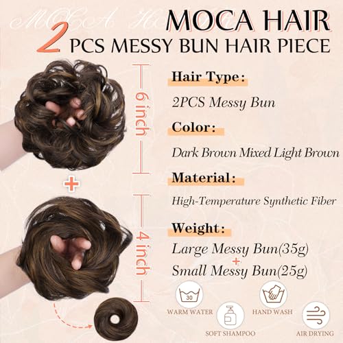2PCS Messy Bun Hair Pieces Synthetic Hairpieces For Women | Messy Bun and Donut Bun in one set for natural-looking volume and elegant updos for every occasion. - color: Dark Brown Mixed Light Brown