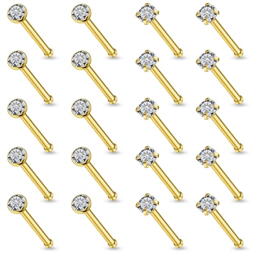 20Pcs Nose Rings Studs Surgical Steel L-Shape Nose Rings for Women 1.5mm 2mm Cubic Zirconia Nose Screw Studs Hypoallergenic Nose Piercings Jewelry 24g 22g 20g 18g - color: straight,goldtone, size: 18g,2mm CZ