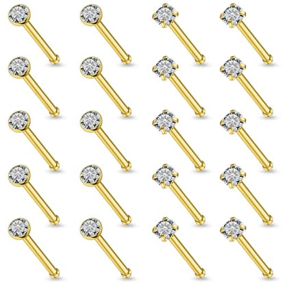 20Pcs Nose Rings Studs Surgical Steel L-Shape Nose Rings for Women 1.5mm 2mm Cubic Zirconia Nose Screw Studs Hypoallergenic Nose Piercings Jewelry 24g 22g 20g 18g - color: straight,goldtone, size: 20g,2mm CZ