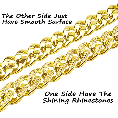 Plastic Shiny CZ Rhinestone Curb Cuban Link Chain Gold Silver Miami Hip Hop Chain Bling Diamond-Cut Chunky Turnover Necklace 80s 90s Costume Accessory for Men Women Unisex - color: Gold