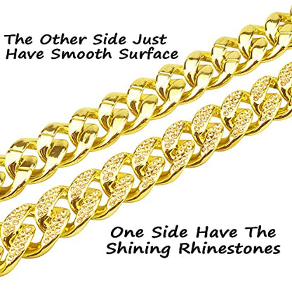 Plastic Shiny CZ Rhinestone Curb Cuban Link Chain Gold Silver Miami Hip Hop Chain Bling Diamond-Cut Chunky Turnover Necklace 80s 90s Costume Accessory for Men Women Unisex - color: Gold