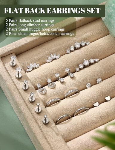 LOLIAS Flat Back Earrings for Women,20G Conch Tragus Helix Piercing Jewelry | Hypoallergenic Cartilage Earring Stacks,Surgical Stainless Steel Earrings for Sensitive Ears,Flatback Stud,Hoop,Earring Set - color: Silver Tone