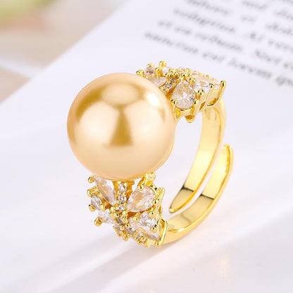 Double Side Butterfly Crystal Bezel Faux Pearl Open Ring, White Gray Gold Two Tone Silver Gold Luxury Evening Cocktail Ring for Women (white)