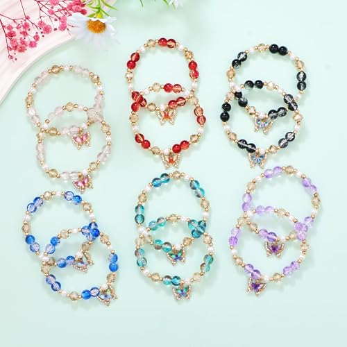 12 Pcs Butterfly Glass Beaded Stretch Bracelets for Women, 6 Colors Crackle Crystal Bead Elastic Bracelet Set with Enamel Charm, Stackable Handmade Jewelry Gift for Daily & Party Wear