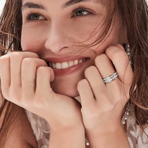 Dazzling Cubic Zirconia Band Ring for Women, Hypoallergenic Stainless Steel Titanium Women Finger Thumb Ring in Silver/Gold Tone, Wedding Eternity Band Infinity Love Ring for Her - color: silver