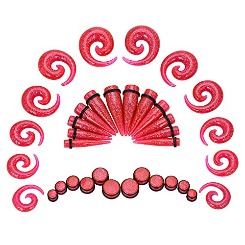 Qmcandy 00G-20mm Ear Stretching Kit 36PCS Big Gauge Taper Kit Large Acrylic Tunnel Plug Spiral Set - color: 36pcs, Glitter Pink