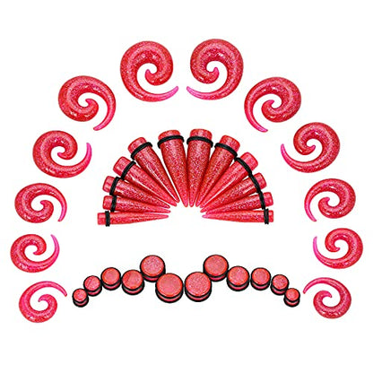 Qmcandy 00G-20mm Ear Stretching Kit 36PCS Big Gauge Taper Kit Large Acrylic Tunnel Plug Spiral Set - color: 36pcs, Glitter Pink