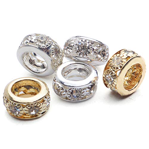 Large Hole Rhinestone Spacer Beads, 40pcs 10mm Crystal Pave Brass Rondelle Beads Fit European Bracelet Snake Chain Jewelry DIY - color: Gold&Silver, size: 10MM