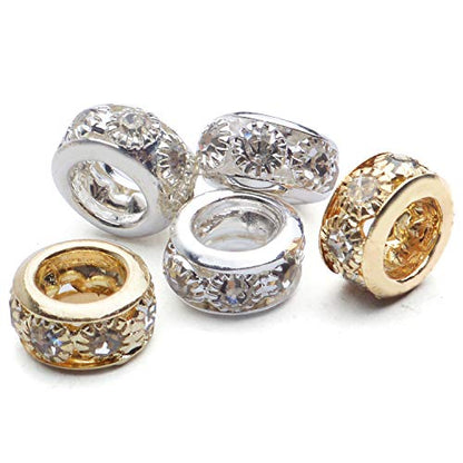Large Hole Rhinestone Spacer Beads, 40pcs 10mm Crystal Pave Brass Rondelle Beads Fit European Bracelet Snake Chain Jewelry DIY - color: Gold&Silver, size: 10MM