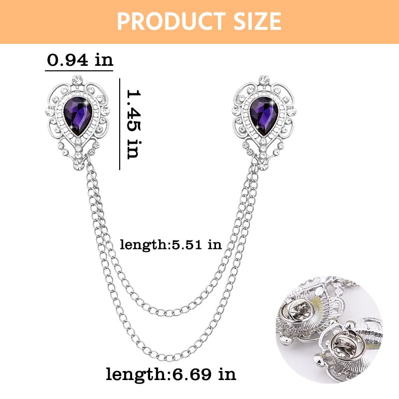 Teardrop Rhinestone Brooch Mens Lapel Pins for Shirt Collar Hanging Chain Brooch Suit Pin Crystal Rhinestone Lapel Pins for Men - color: Purple-J