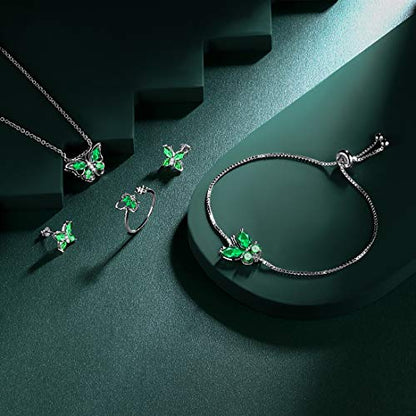 925 Sterling Silver Birthstone Butterfly Jewelry Women Crystal Animal Cute Butterflies Birthday Necklace/Earring/Ring/Bracelet Sets Birth Stone Statement Anniversary Jewellery - color: 3-E.May-Emerald