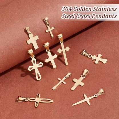 PH PandaHall 20pcs Golden Cross Charm Pendants, 10 Styles Stainless Steel Crucifix Charm Mini Cross Pendants for Easter Jewelry Making Necklace Bracelet Choker Thanksgiving
