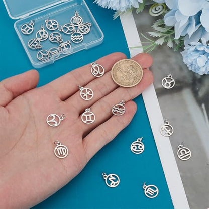 PH PandaHall 24pcs 304 Stainless Steel 12 Constellations Charms Zodiac Sign Pendants Charm Flat Round with Constellation Pendants Astrology Horoscope Charms for DIY Jewelry Craft Making