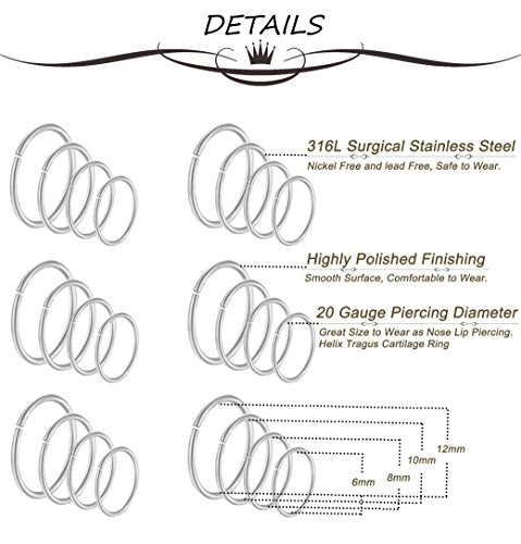 24Pcs 20G 316L Stainless Steel Nose Rings Hoop Tragus Cartilage Helix Piercing Lip Septum Ring 6-12MM Bendable - color: A: 24Pcs Silver
