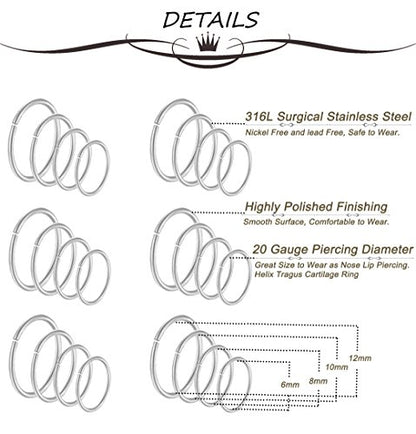 24Pcs 20G 316L Stainless Steel Nose Rings Hoop Tragus Cartilage Helix Piercing Lip Septum Ring 6-12MM Bendable - color: A: 24Pcs Silver