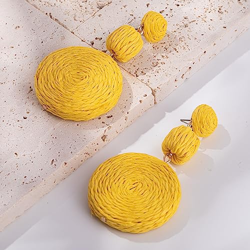 Statement Raffia Boho Round Dangle Ball Earrings - Cute Handmade Summer Bohemian Dangling Jewelry for Women - color: Yellow