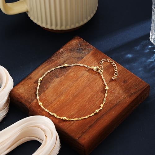 CAROVO Gold Ankle Bracelets for Women Waterproof,14K Gold Plated Bead Leaf Heart Dot Satellite Chain Layered Anklets Non Tarnish Summer Beach Jewelry Gift for Women - style: B: Bead