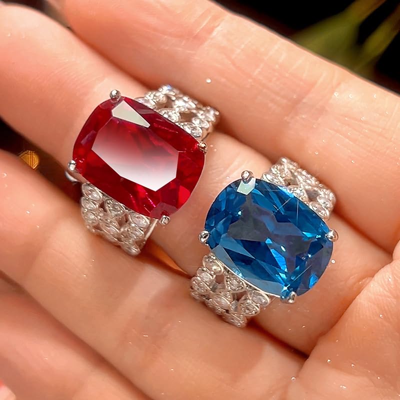 Cushion Cut Gem Cocktail Open Ring For Women, 2 Colors Ruby Sapphire Honeycomb Hollow Full Pave Crystal Formal Statement Ring - color: red