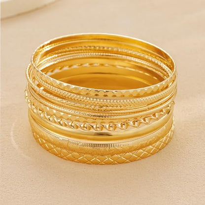 ÌF ME Gold Bangle Bracelets for Women, Indian Bangles Stackable Set, Multi Layer Textured 18K Gold Plated Chunky Bracelets Boho Jewelrys Set - style: F-10PCS Textured bangles