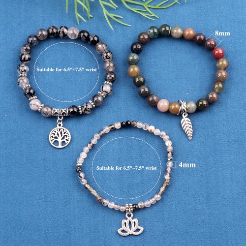 Tree of Life Yoga Healing Stone Bracelets,Multilayer Lotus Chakra Stone Reiki Bracelet Sets,Anxiety Crystal Natural Stone,for Women Stress Relief - style: Black dragon agate + Indian agate