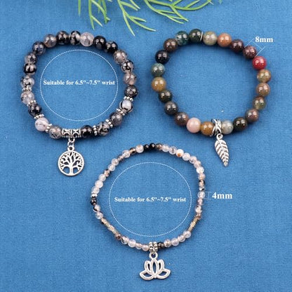 Tree of Life Yoga Healing Stone Bracelets,Multilayer Lotus Chakra Stone Reiki Bracelet Sets,Anxiety Crystal Natural Stone,for Women Stress Relief - style: Black dragon agate + Indian agate