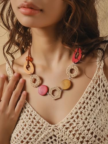 MINACHI Handmade Braided Necklace for Women, Wooden Beads, Rattan Charm, Vintage Style, Gift Jewelry - style: Necklace NECK.005
