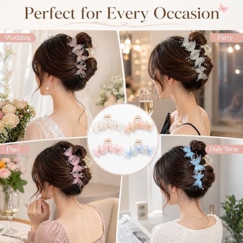 Bphne 4 Pack Pearl Butterfly Hair Clips for Women and Girls – Fabric Butterfly with Pearl Bow Decor, 6.19 Inch Large Elegant Hair Accessories, Faux Pearls Butterfly Hair Clip for Daily Styling
