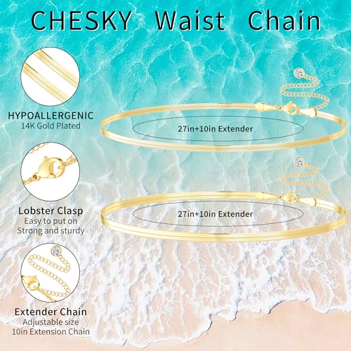 CHESKY Waist Beads for Women, 14k Gold Plated Waist Chain Gold Chain Belt for Womens Simple Body Chain Jewelry Belly Chain Beach Accessories Dainty Gold Jewelry for Women Gifts Rave Outfits for Womens - style: snake chain-gold