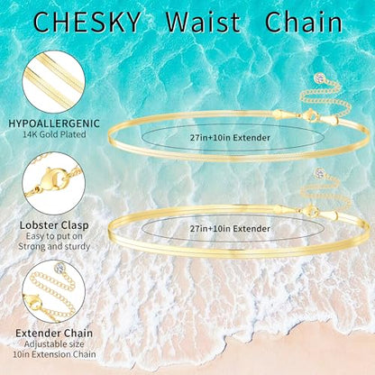 CHESKY Waist Beads for Women, 14k Gold Plated Waist Chain Gold Chain Belt for Womens Simple Body Chain Jewelry Belly Chain Beach Accessories Dainty Gold Jewelry for Women Gifts Rave Outfits for Womens - style: snake chain-gold