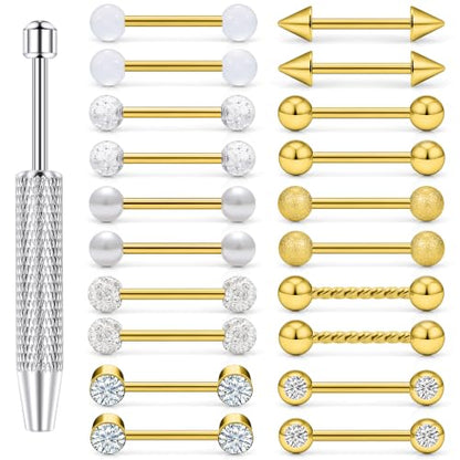 Cisyozi 14G Nipple Piercing Jewelry Tongue Ring for Women Men Hypoallergenic 316L Surgical Steel Silver Gold Straight Tongue Nipple Barbell Bar Ring Bridge Piercing Jewelry 14mm 9/16 inch - color: Gold