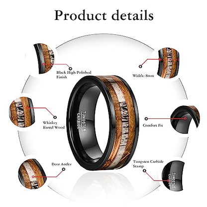 NUNCAD 8mm Tungsten Ring for Men, Black Inlaid Whisky Barrel Wood Antler Hammered Tungsten Wedding Bands Customize Engraved Ring Fit Men Women Size 7-12 - color: B-Black