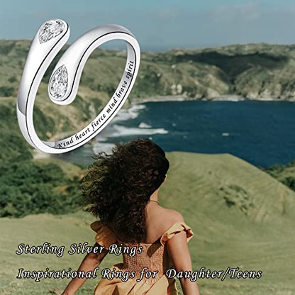 Fookduoduo 925 Sterling Silver Ring Inspirational Jewelry adjustable Wrap Open Rings for Women - style: Kind Heart Fierce Mind Brave Spirit，style 2