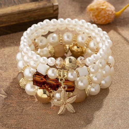 Bohemian Pearl Bracelet Set, 4 Piece Elastic Stretch Beaded Wrist Chain with Starfish Pendant, Boho Faux Pearl Multi-Color Stackable Bracelets for Women - color: Brown