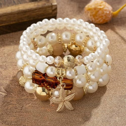 Bohemian Pearl Bracelet Set, 4 Piece Elastic Stretch Beaded Wrist Chain with Starfish Pendant, Boho Faux Pearl Multi-Color Stackable Bracelets for Women - color: Brown