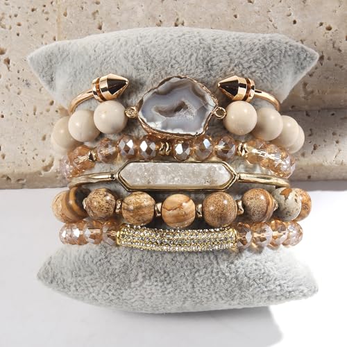 Yomisa 5PCS 6PCS Natural Boho Beaded Bracelets/Bangle for Women Men,Healing Turquoise Jasper Agate Crystal Gemstone Stone Chakra Multilayer Wrap Bohemian Handmade Jewelry Beads Stretch Bracelet Set - color: 6PCS-Caramel