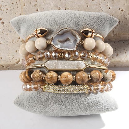 Yomisa 5PCS 6PCS Natural Boho Beaded Bracelets/Bangle for Women Men,Healing Turquoise Jasper Agate Crystal Gemstone Stone Chakra Multilayer Wrap Bohemian Handmade Jewelry Beads Stretch Bracelet Set - color: 6PCS-Caramel