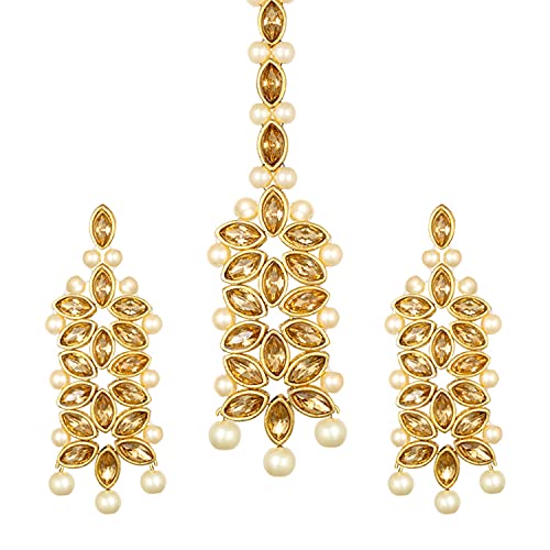 Aheli Wedding Party Wear Bridal Jewellery Choker Long Pearl Necklace Earrings Maang Tikka Indian Traditional Set Gift for Women - color: Champagne