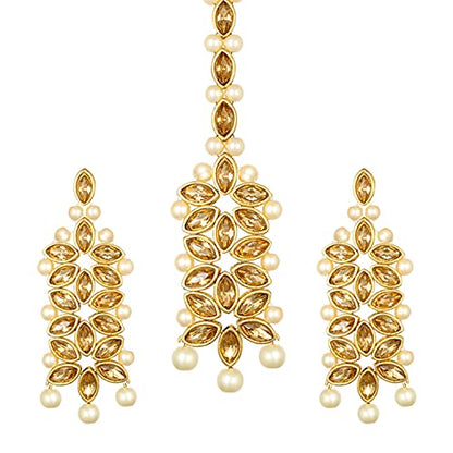 Aheli Wedding Party Wear Bridal Jewellery Choker Long Pearl Necklace Earrings Maang Tikka Indian Traditional Set Gift for Women - color: Champagne