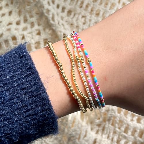 14K Gold Plated Beaded Bracelets Stack Set for Women,Stretch Boho Ball Jewelry Friendship Trendy - color: Pink