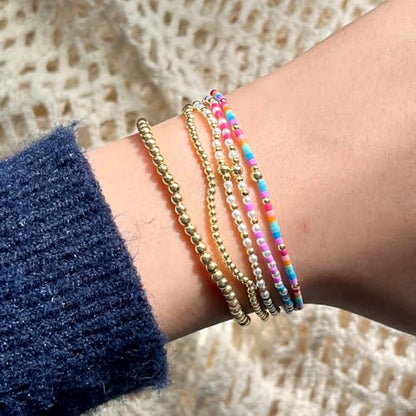 14K Gold Plated Beaded Bracelets Stack Set for Women,Stretch Boho Ball Jewelry Friendship Trendy - color: Pink