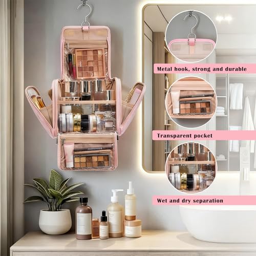 banapoy Hanging Toiletry Bag for Women, Roll up Cosmetics Makeup Bag, Travel Makeup Cosmetic Organizer with Hanging Hook, for Jewelry Toiletries, 10.63x9.45x6.30in (Pink) - color: Pink