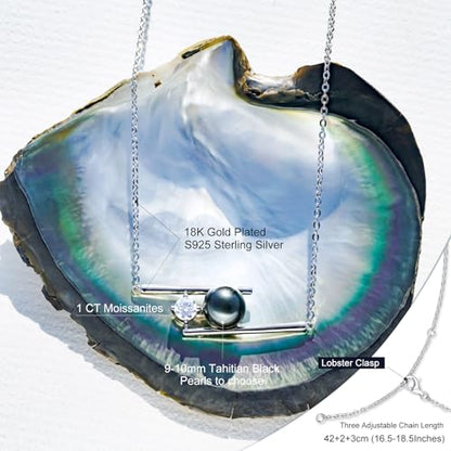 Genuine Tahitian Black Pearl Necklace for Women, 9-11mm AAAA Seawater Pearl with Sterling Silver Moissanite Pendant, Jewelry Gift for Wife, Mom, Girlfriend, Wedding Anniversary, Birthday, Christmas - size: 9-10mm, style: Asymmetric Bar Design