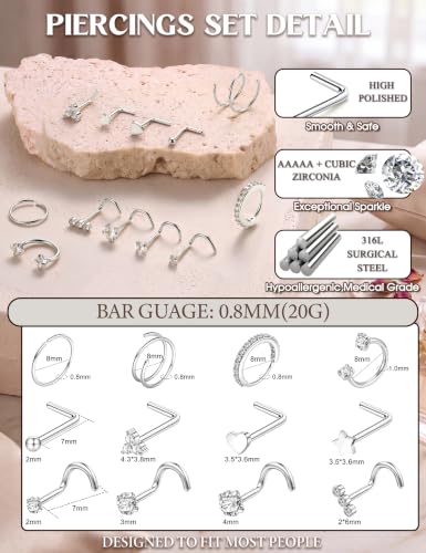 JeryWe Nose Rings for Women - 14K Gold Filled Hypoallergenic Surgical Steel Nose Ring Hoops CZ Lip Ring Screw L Shaped Studs Threadless Flat Back Stud Nose Piercings Jewelry for Women Men - style: Steel-4 Hoops