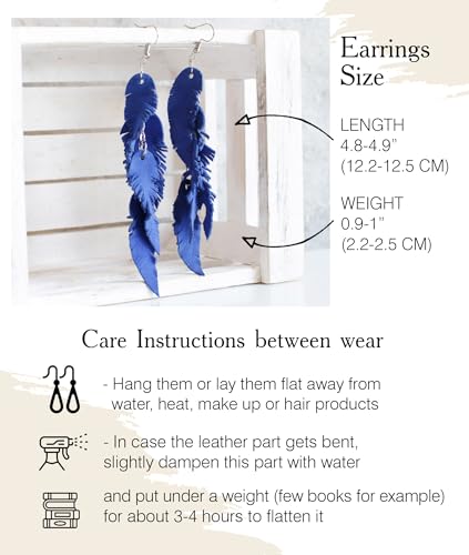 Leather Feather Earrings, Suede layered earrings, boho wedding jewelry, summer earrings, gift for her, dangle earrings - color: bright blue