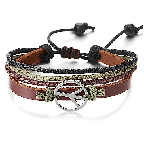 COOLSTEELANDBEYOND Men’s Adjustable Peace Sign Leather Bracelet, Multi-Strand Braided Cord Wristband, Boho Fashion Jewelry Gift for Him
