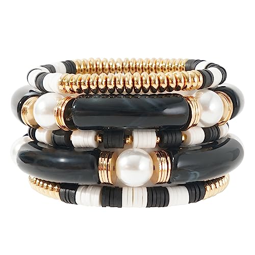 GOOJIDS Simple Beaded Gold Plated Bangles Bracelet Chunky Bamboo Tube Curved Stacking Clear Acrylic Colorful Beads Stretchable Gold Plated Bracelets Set For Women - color: A-A2 Black Set