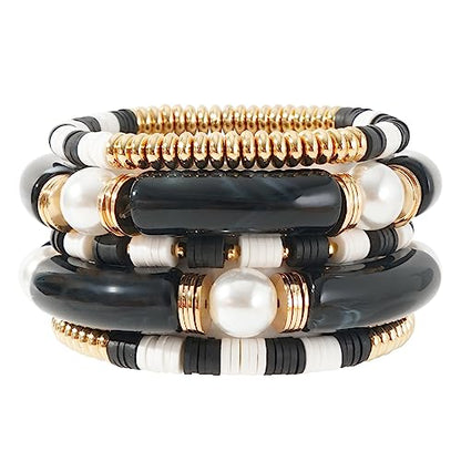 GOOJIDS Simple Beaded Gold Plated Bangles Bracelet Chunky Bamboo Tube Curved Stacking Clear Acrylic Colorful Beads Stretchable Gold Plated Bracelets Set For Women - color: A-A2 Black Set